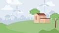 Summer suburban landscape vector flat illustration. Country house with green trees, summer hills covered with grass.