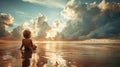 Summer sultry landscape. Child sitting in the sand on the beach by the calm sea