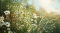 Summer sultry landscape. Grass, chamomile field