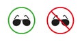 Summer Sun Glasses Red and Green Warning Signs. Dark Sunglasses Silhouette Icons Set. Allowed and Prohibited Use Sun