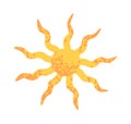 Summer sun icon. Hot yellow solar circle with beams, rays. Sunny light. Abstract sunlight symbol. Good weather. Flat