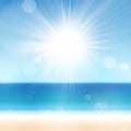 Summer Holiday Beach Ocean Sea Sky Background with Sun. Vacation Travel Concept Royalty Free Stock Photo