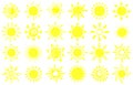 Summer sun sketch. Hand drawn suns, warm sunrise sunlight and happy sunbeam cartoon vector set