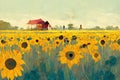 Summer sunflower meadow. Ai generated art illustration