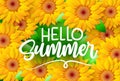 Summer sunflower vector background design. Hello summer text with sunflower paper cut element for tropical season floral plant.