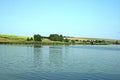 Green shore of a large pond