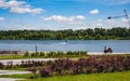 Summer sunny day.River view with water skiing ring cable car. Royalty Free Stock Photo