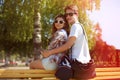 Summer sunny portrait happy urban young couple in sunglasses Royalty Free Stock Photo