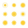 Summer sunny shape. Sun icon set. Star symbol. Sunbeam silhouette. Temperature logo. Sunlight symbol. Sunrise light