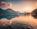 Summer sunrise on a beautiful lake with massive mountains