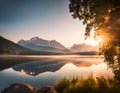 Summer sunrise on a beautiful lake with massive mountains