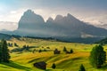 Summer sunrise in Italian Dolomiti Alps. Seiser Alm or Alpe di Siusi location, Bolzano province, South Tyrol, Italy Royalty Free Stock Photo