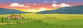 Summer sunrise in village flat color vector illustration