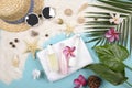 Summer and sunscreen, Beauty cosmetics product for skin care and women accessories on the beachSun protection product concept Royalty Free Stock Photo