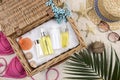 Summer and sunscreen, Beauty cosmetics product for skin care and women accessories on the beachSun protection product concept Royalty Free Stock Photo
