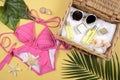 Summer and sunscreen, Beauty cosmetics product for skin care and women accessories on the beachSun protection product concept