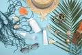 Summer and sunscreen, Beauty cosmetics product for skin care and women accessories on the beachSun protection product concept