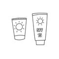 Summer sunscreen protection cream doodle line art illustrations set. SPF 15 body concept.