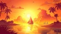 Summer sunset on the beach. Cartoon illustration of a tropical island landscape with an orange sky and clouds. Boat Royalty Free Stock Photo