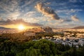 Summer sunset behind the skyline of Athens, Greece Royalty Free Stock Photo