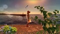 Women on   beach  summer sunset  sky seagull and flowers with beach plant stay on rock stone at pier  nature landscape Royalty Free Stock Photo