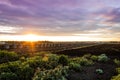 Summer sunset over farm and wooden crates for onions