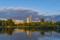 Summer Sunset Over La Defense Business District Lake and Trees Buildings Reflections Royalty Free Stock Photo