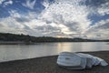 Summer sunset over lake in landscape with leisure boats and equi Royalty Free Stock Photo