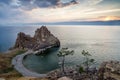 Summer sunset over Rock of Shamanka Burhan on Olkhon Island in Lake Baikal, Russia Royalty Free Stock Photo