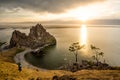 Summer sunset over Rock of Shamanka Burhan on Olkhon Island in Lake Baikal, Russia Royalty Free Stock Photo