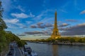 Summer Sunset Over Paris and Eiffel Tower Seine River and Boats Road Traffic Royalty Free Stock Photo