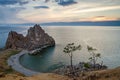 Summer sunset over Rock of Shamanka Burhan on Olkhon Island in Lake Baikal, Russia Royalty Free Stock Photo