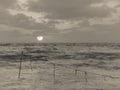 Summer sunset view of a beach under a cloudy sky in black and white, rope with flags hanging on a post in the water