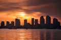 Summer sunset view from Toronto Islands across the Inner Harbour of the Lake Ontario on Downtown Toronto skyline with Royalty Free Stock Photo