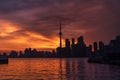 Summer sunset view from Toronto Islands across the Inner Harbour of the Lake Ontario on Downtown Toronto skyline with Royalty Free Stock Photo