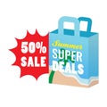 50% summer super deals shopping bag icon with text label vector illustration
