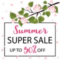 Summer super sale banner with a flowering tree.