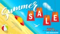 Summer super sale banner with sun umbrella and beach on background. Vector illustration for template and banners