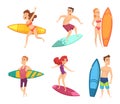 Summer surf characters. Vector funny mascots in various action poses Royalty Free Stock Photo