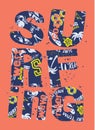 Surfing lettering collage with pattern background