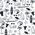 Summer Surf hand draw background with Surfboard, Wave, Palm tree and shark.