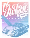 Summer Surf Print with car, Palm Trees and Lettering. Vector Illustartion