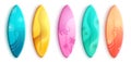 Summer surfboard vector set design. 3d surf boards in colorful pattern decoration isolated in white background for summer activity