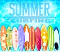 Summer Surfing Design with Set of Colorful Surfboards Floating