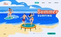 Summer surfing landing page. Sea travel. Surf in ocean water. Woman and man jump on trampoline. Beach vacation