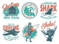 Summer surfing print set with surfer. shaka, wave