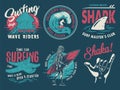 Summer surfing print set with surfer. shaka, wave