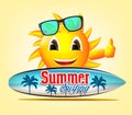 Summer Surfing Smiling Sun Character in Yellow Background Royalty Free Stock Photo