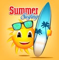 Summer Surfing Sun Character Holding Surfboard Royalty Free Stock Photo