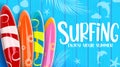 Summer surfing vector banner design. Surfing enjoy your summer text with colorful surfboard elements in blue wooden texture